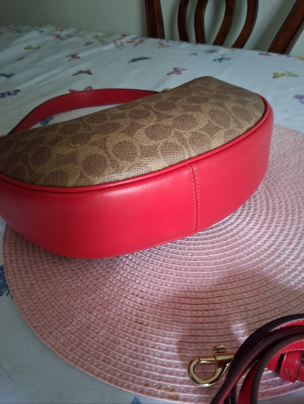 Coach Aria Brown Signature Crescent Shoulder Bag with Red Trim - Picture 10 of 11